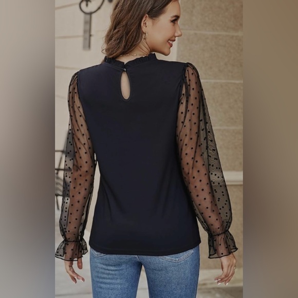 Blooming Jelly Mock Neck Tops Mesh Long Sleeve Shirts Polka Dot Ruffle Elegant - Picture 3 of 13